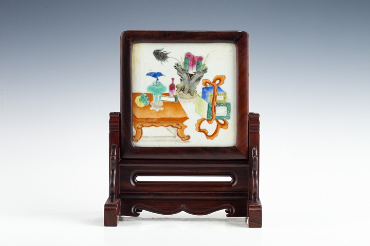 古玩陶瓷清晚·粉彩博古紋硯屏真品鑒賞圖