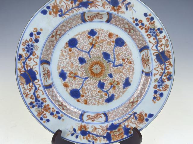 古玩陶瓷清康熙·青花礬紅描金花卉盤真品鑒賞圖