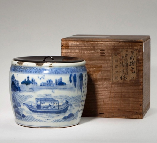 古玩陶瓷日本江戶青花赤壁賦案缸真品鑒賞圖