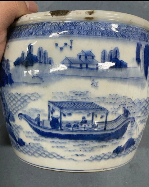 古玩陶瓷日本江戶青花赤壁賦案缸真品鑒賞圖