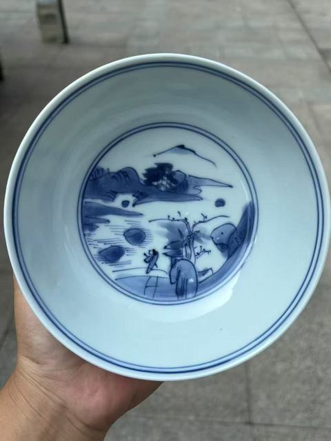 古玩陶瓷通景山水人物故事紋淺腹碗真品鑒賞圖
