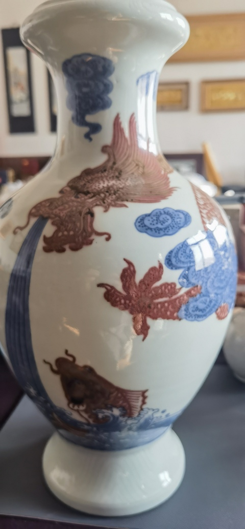 古玩陶瓷青花釉里紅魚化龍紋瓶真品鑒賞圖