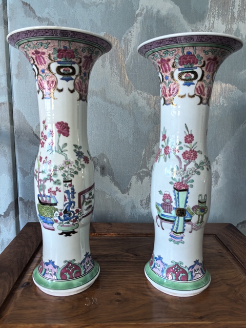 古玩陶瓷粉彩博古花卉紋花觚一對真品鑒賞圖