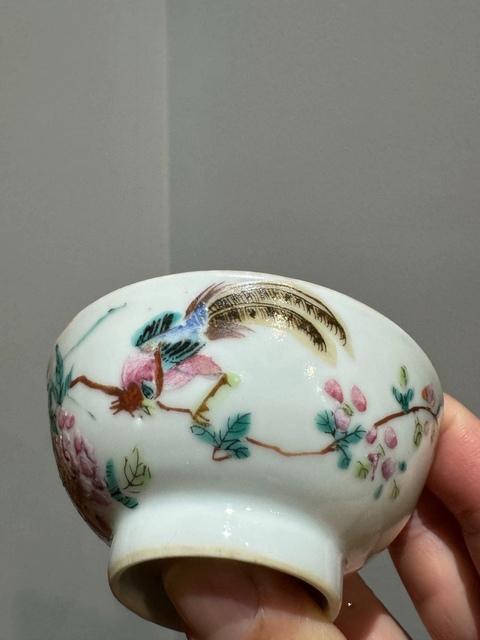古玩陶瓷粉彩花鳥紋茶圓真品鑒賞圖