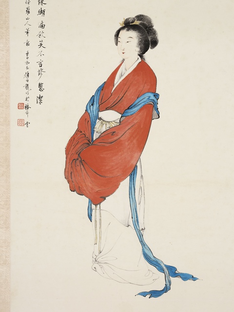 古玩字畫顏伯龍款紅衣仕女真品鑒賞圖