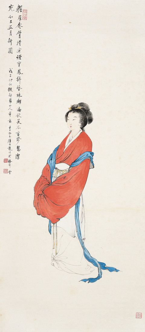 古玩字畫顏伯龍款紅衣仕女真品鑒賞圖