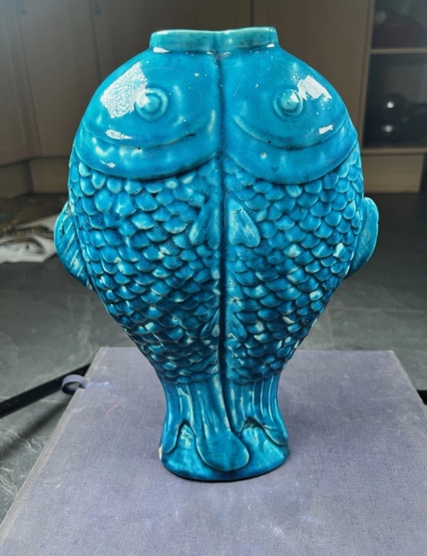 古玩陶瓷孔雀藍釉雙魚瓶真品鑒賞圖