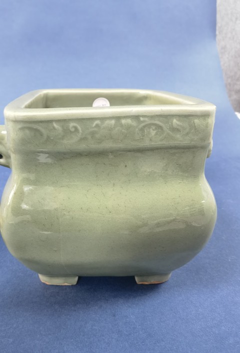 古玩陶瓷日本明治青釉獸耳爐真品鑒賞圖