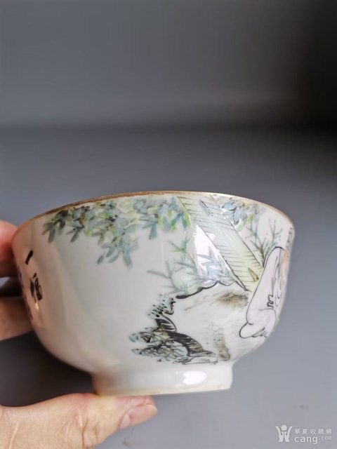 古玩陶瓷清光緒十七年 方家珍制粉彩人物詩文碗真品鑒賞圖