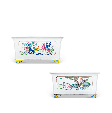 古玩陶瓷粉彩童子斗雞圖四方花盆真品鑒賞圖