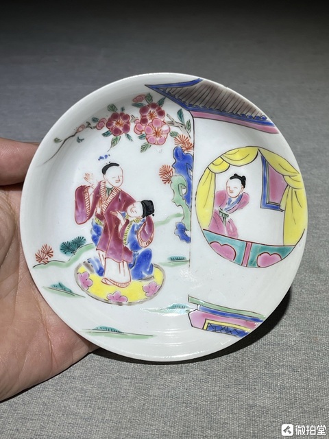 古玩陶瓷粉彩西廂記人物盤真品鑒賞圖