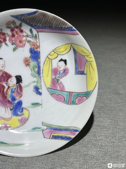 古玩陶瓷粉彩西廂記人物盤真品鑒賞圖