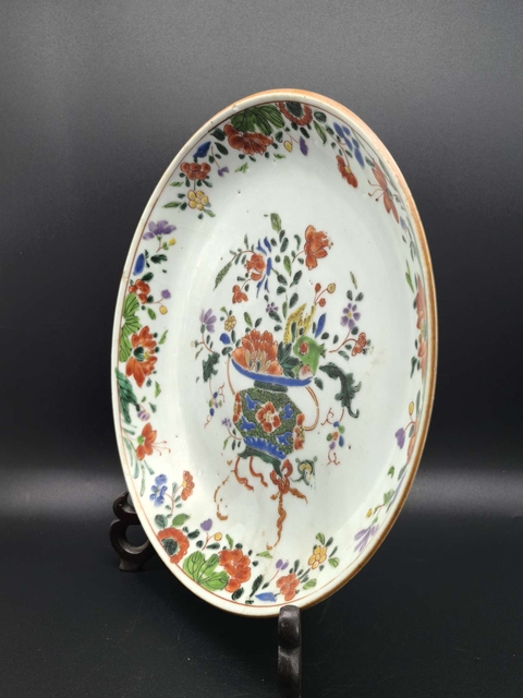 古玩陶瓷五彩花卉紋臥盤真品鑒賞圖