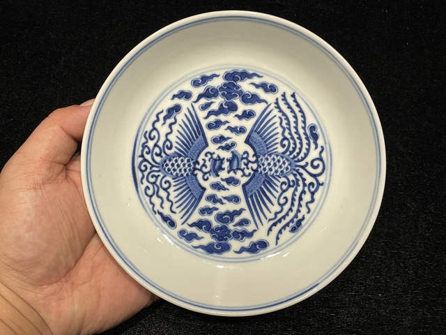 古玩陶瓷清光緒 青花對頭鳳紋盤真品鑒賞圖