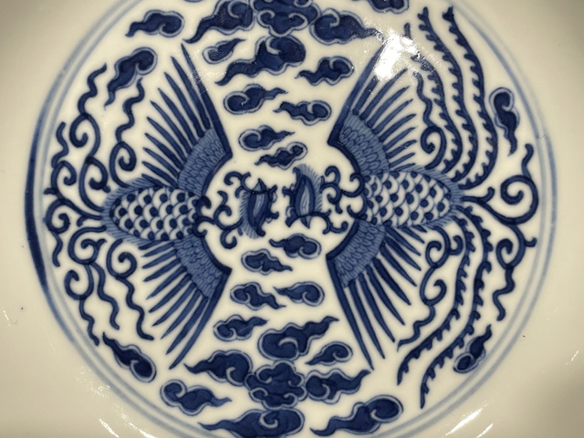 古玩陶瓷清光緒 青花對頭鳳紋盤真品鑒賞圖