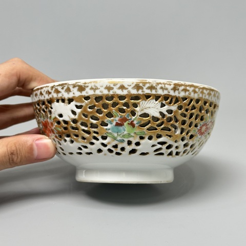 古玩陶瓷福壽三多鏤空碗真品鑒賞圖