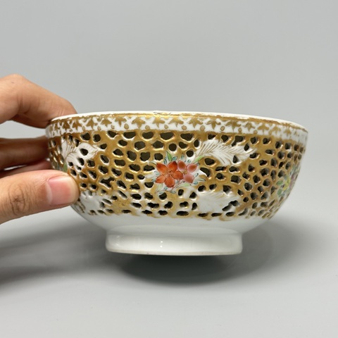 古玩陶瓷福壽三多鏤空碗真品鑒賞圖