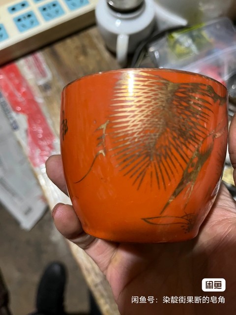 古玩陶瓷珊瑚紅釉描金松鶴紋蓋缸真品鑒賞圖