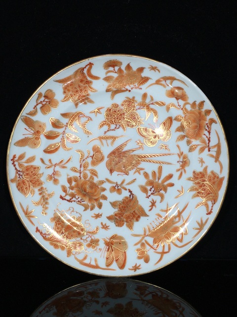 古玩陶瓷礬紅花鳥紋折腰盤真品鑒賞圖