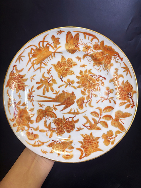 古玩陶瓷礬紅花鳥紋折腰盤真品鑒賞圖