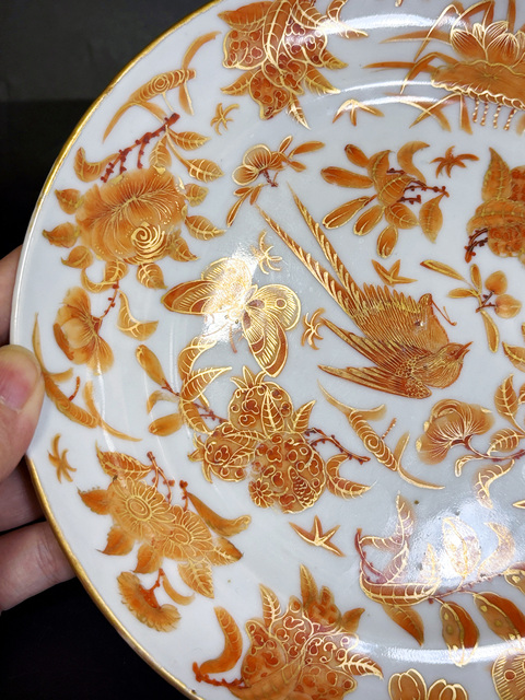 古玩陶瓷礬紅花鳥紋折腰盤真品鑒賞圖