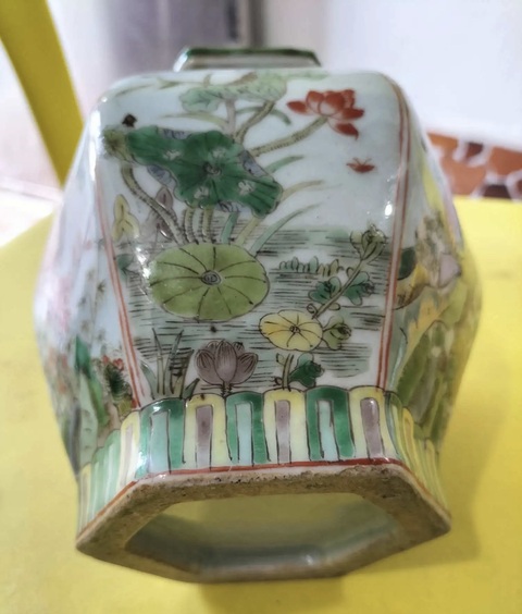 古玩陶瓷五彩花鳥紋六方花囊真品鑒賞圖