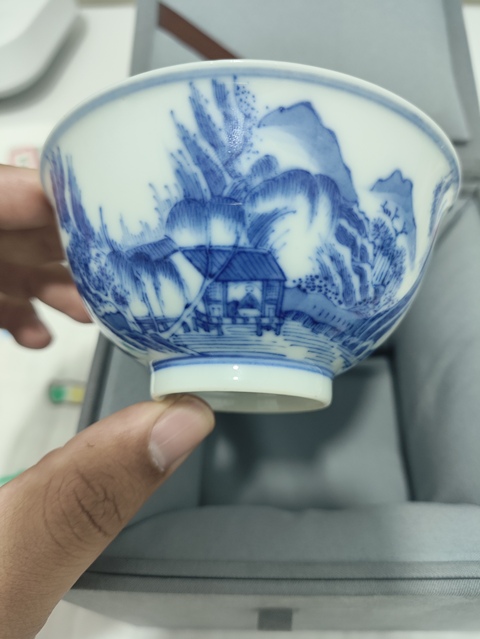 古玩陶瓷清道光·若深珍藏款·山水風景高士圖茶碗真品鑒賞圖