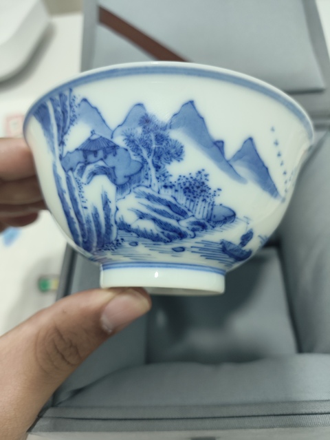 古玩陶瓷清道光·若深珍藏款·山水風景高士圖茶碗真品鑒賞圖