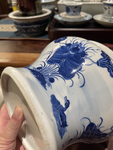 古玩陶瓷青花滿池鴛鴦紋馬蹄尊真品鑒賞圖