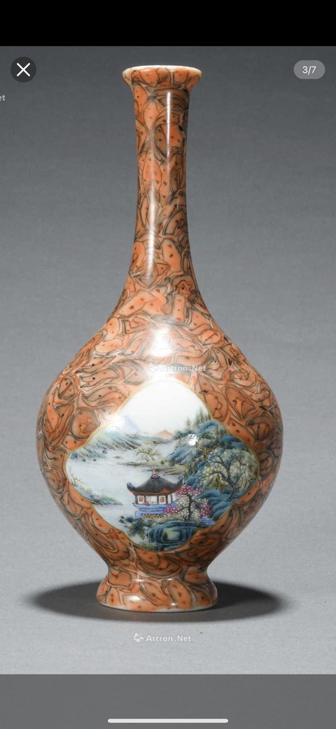 古玩陶瓷木紋釉開光山水紋長頸瓶真品鑒賞圖