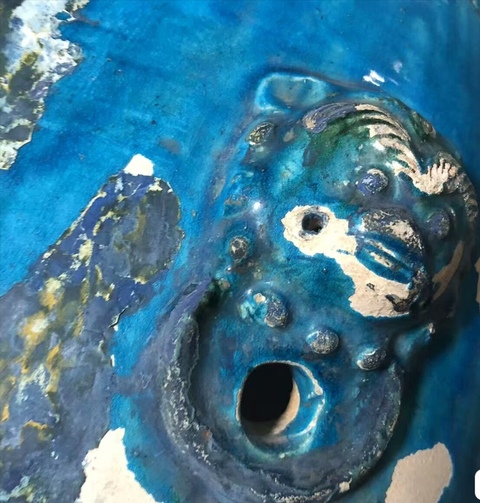 古玩陶瓷孔雀藍釉獅耳繡墩兒真品鑒賞圖