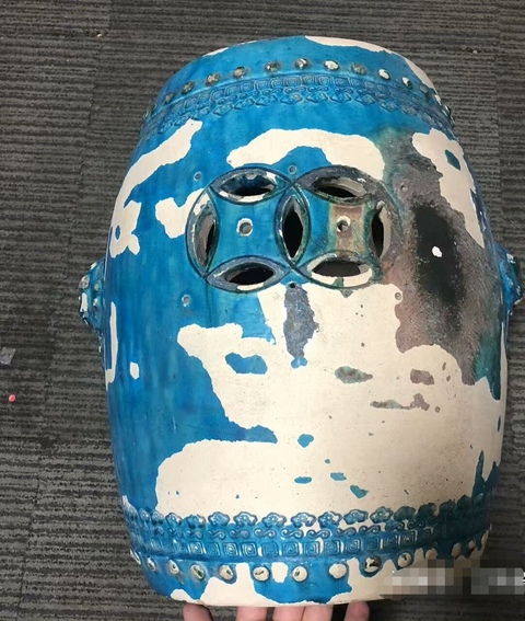 古玩陶瓷孔雀藍釉獅耳繡墩兒真品鑒賞圖