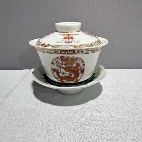 古玩陶瓷晚清粉彩團鳳紋蓋碗真品鑒賞圖