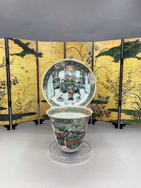 古玩陶瓷五彩人物故事紋杯碟真品鑒賞圖