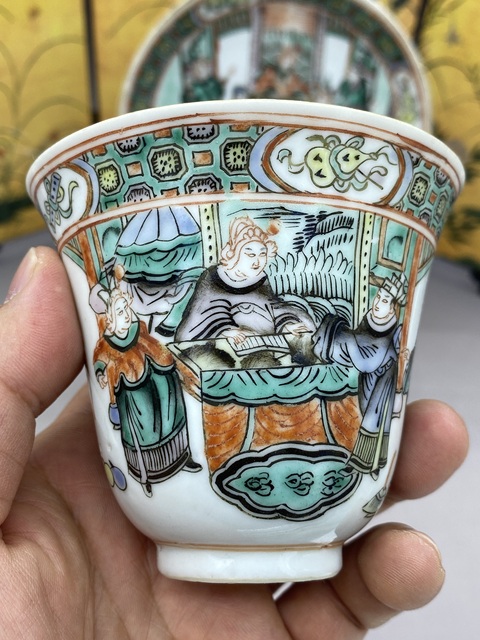 古玩陶瓷五彩人物故事紋杯碟真品鑒賞圖