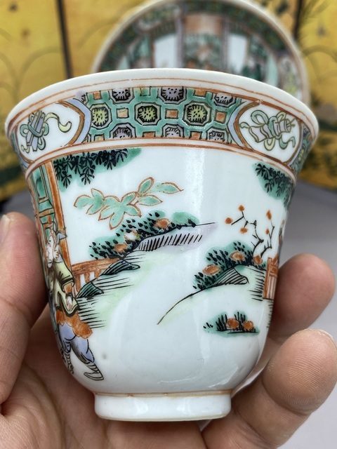 古玩陶瓷五彩人物故事紋杯碟真品鑒賞圖