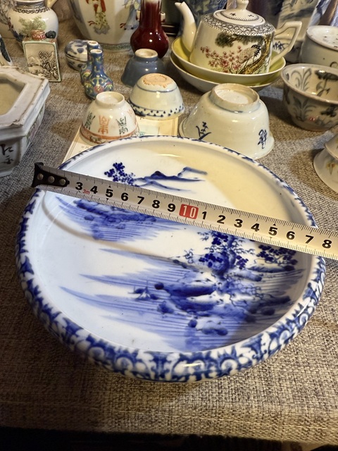 古玩陶瓷日本明治青花山水人物水洗真品鑒賞圖