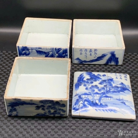 古玩陶瓷日本明治青花山水人物節盒真品鑒賞圖