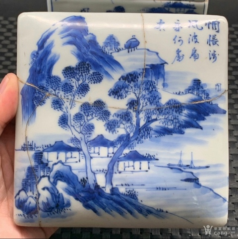 古玩陶瓷日本明治青花山水人物節盒真品鑒賞圖