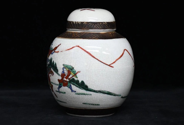 古玩陶瓷哥釉地鐵銹釉五彩刀馬人蓋罐真品鑒賞圖