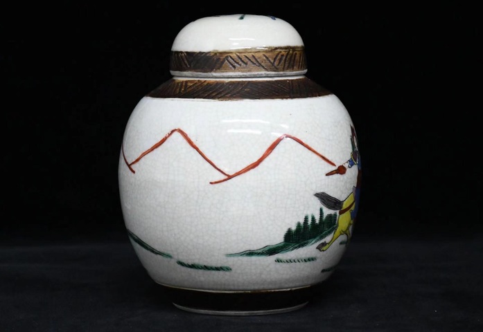 古玩陶瓷哥釉地鐵銹釉五彩刀馬人蓋罐真品鑒賞圖