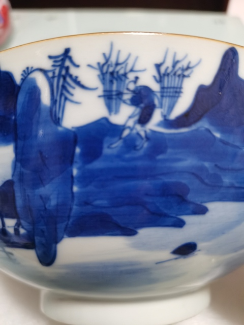 古玩陶瓷樵漁耕讀山水紋青花碗真品鑒賞圖