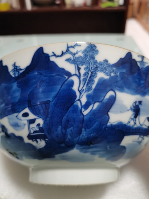 古玩陶瓷樵漁耕讀山水紋青花碗真品鑒賞圖