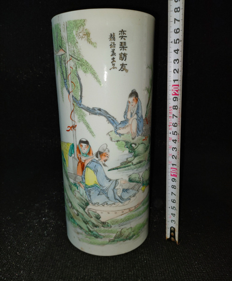 古玩陶瓷油粉彩人物故事紋帽筒真品鑒賞圖