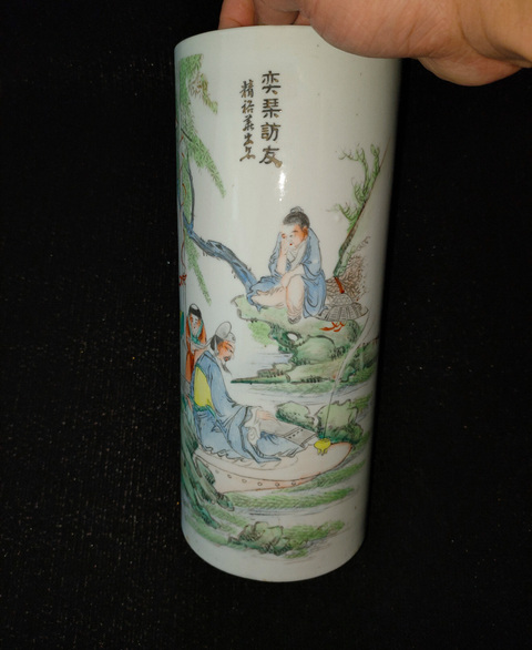 古玩陶瓷油粉彩人物故事紋帽筒真品鑒賞圖