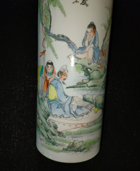 古玩陶瓷油粉彩人物故事紋帽筒真品鑒賞圖