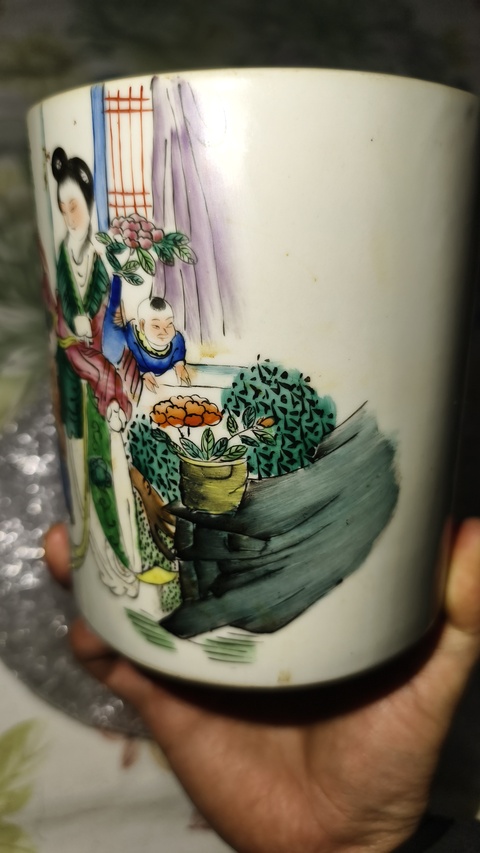 古玩陶瓷民國粉彩教子圖筆筒真品鑒賞圖