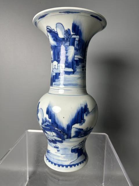 古玩陶瓷青花山水通景紋花觚真品鑒賞圖