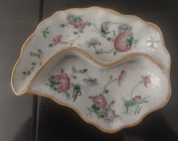 古玩陶瓷晚清粉彩樹葉型高足碟真品鑒賞圖