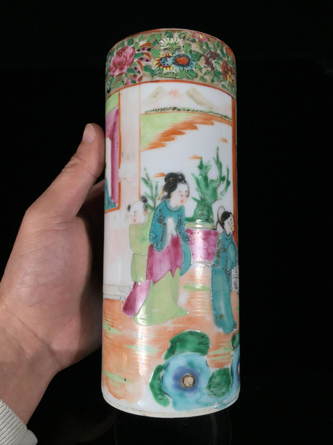 古玩陶瓷廣彩人物紋香筒真品鑒賞圖